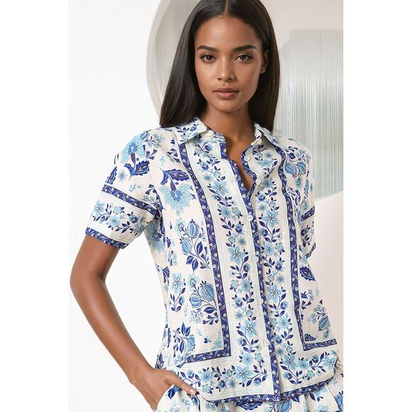 YUMI KIM Blue White Button Down Short Sleeve Carly Linen Top Size Medium - Picture 1 of 9